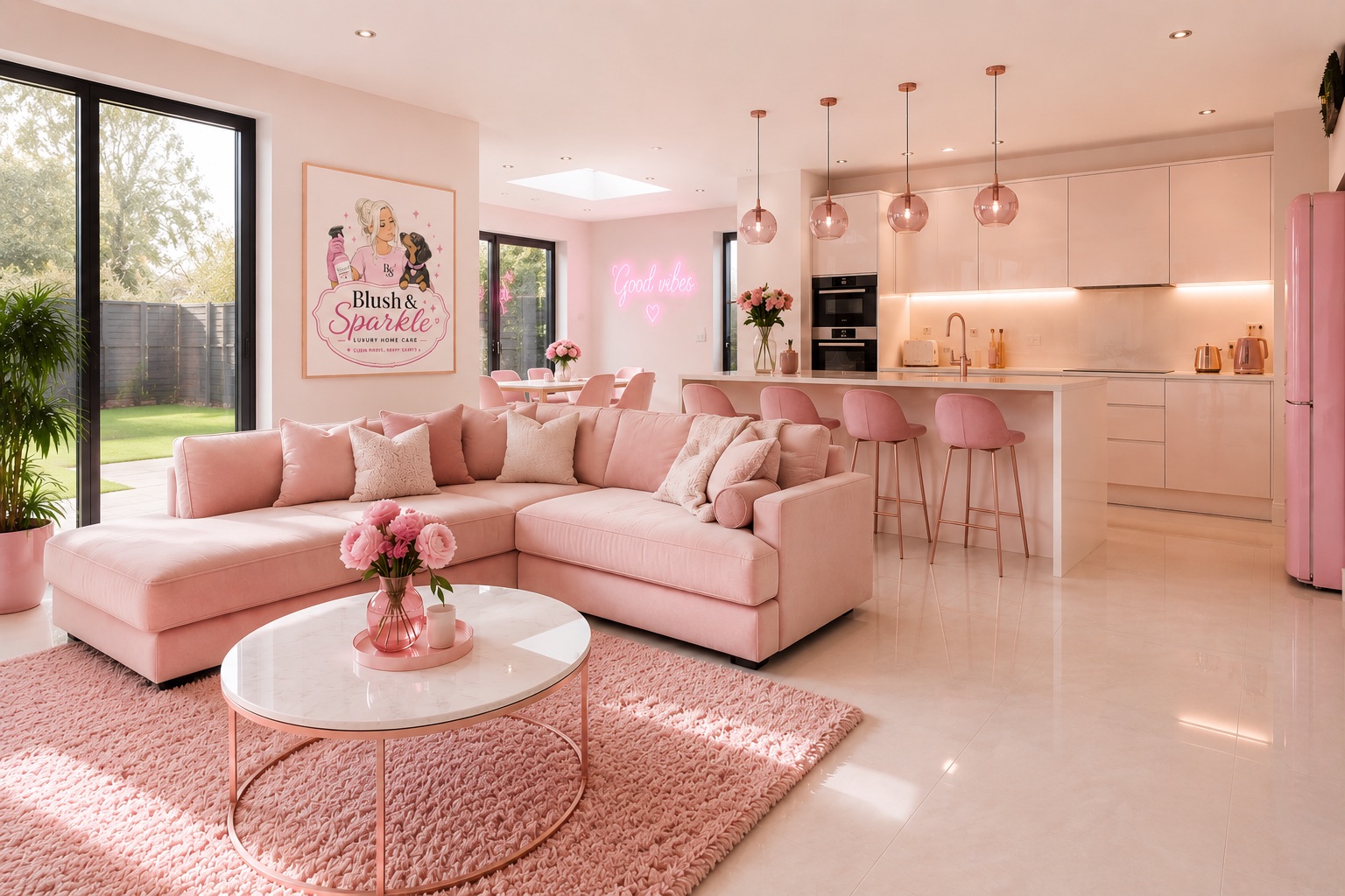 An open plan living room and kitchen, finished and lit, with flowers on the table