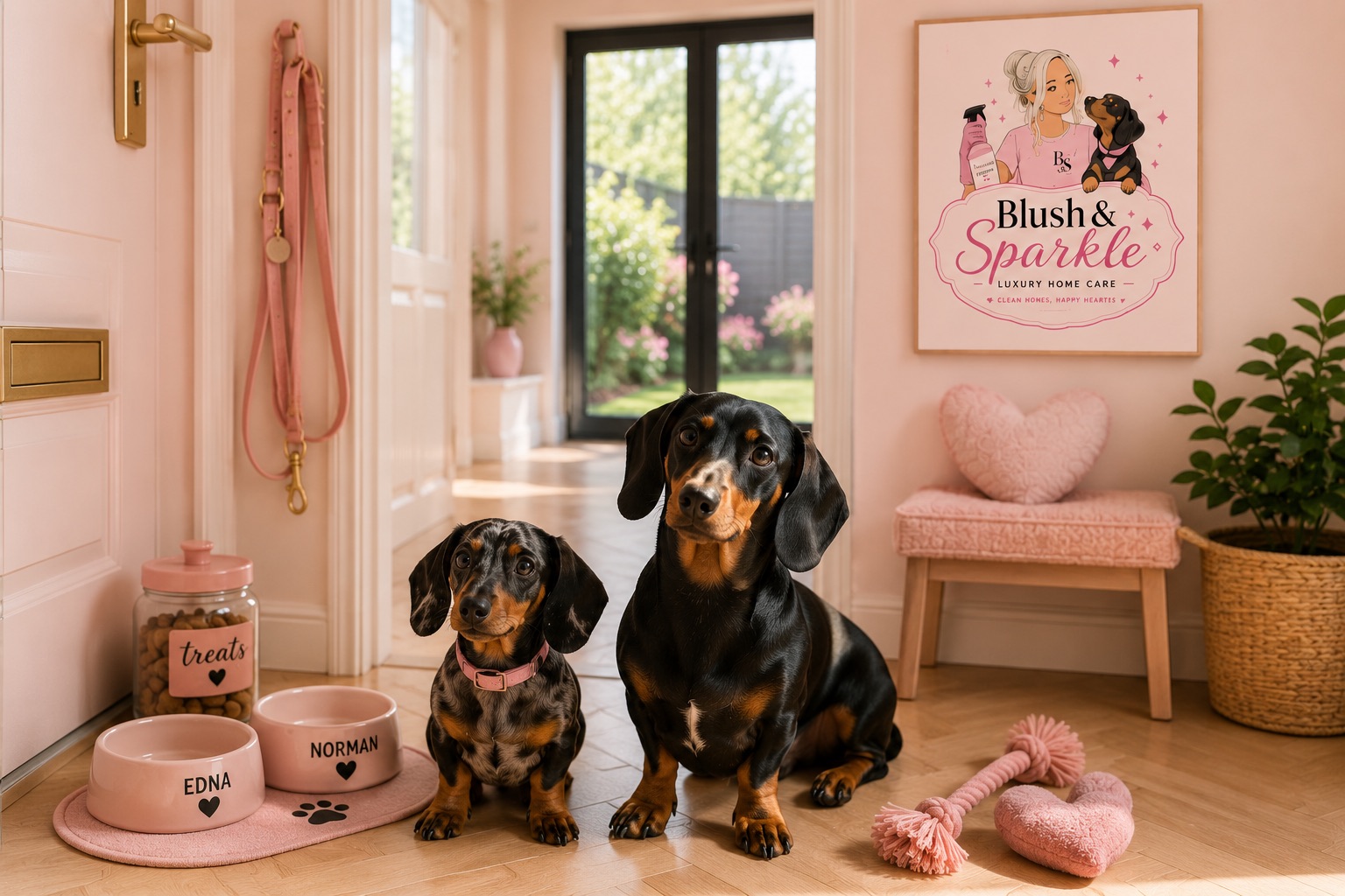 Two dachshunds waiting in a hallway beside their named bowls, a treat jar and a lead on the door