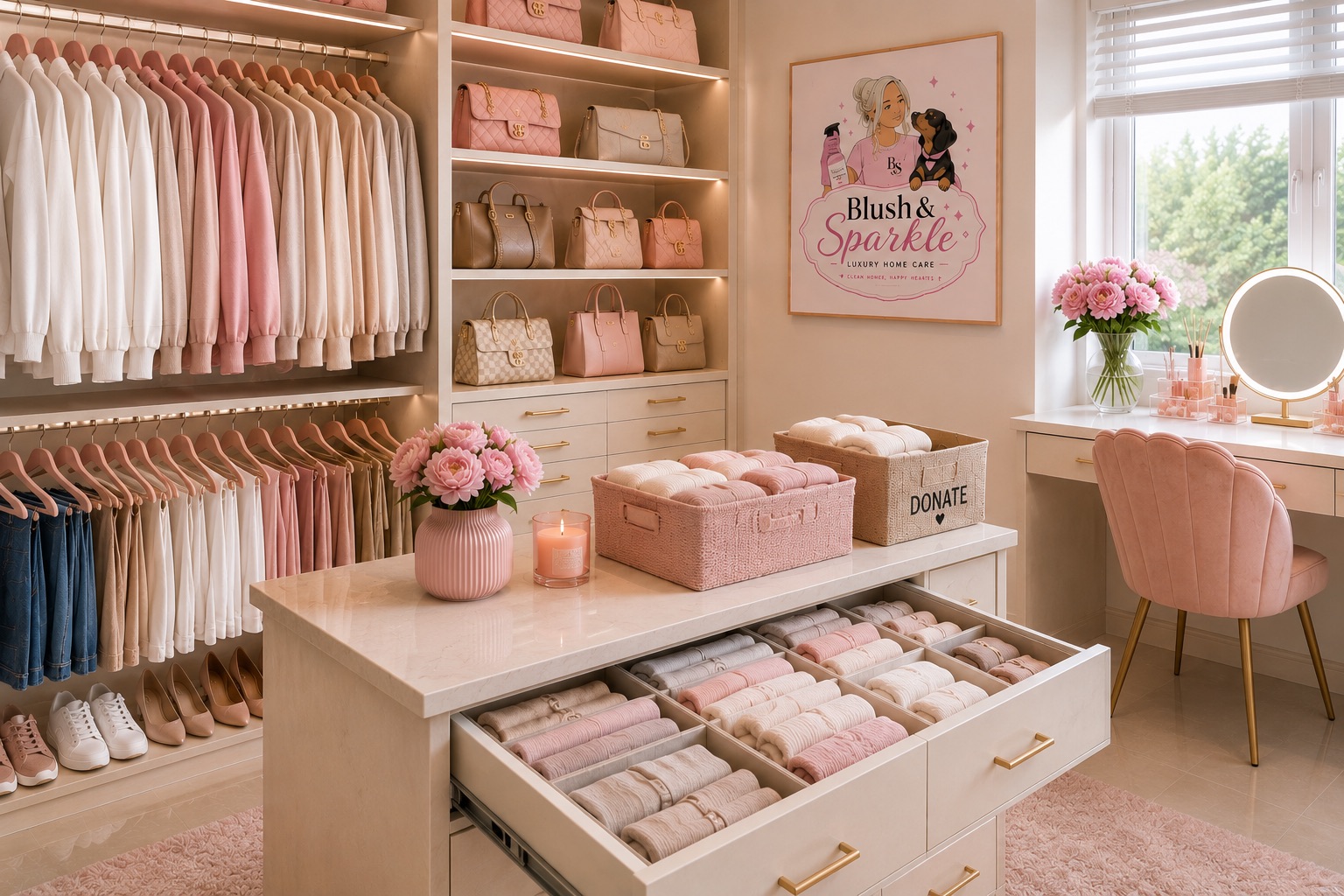 A dressing room with clothes hung by colour, handbags on lit shelves and a drawer of folded knitwear, a basket marked donate on the island