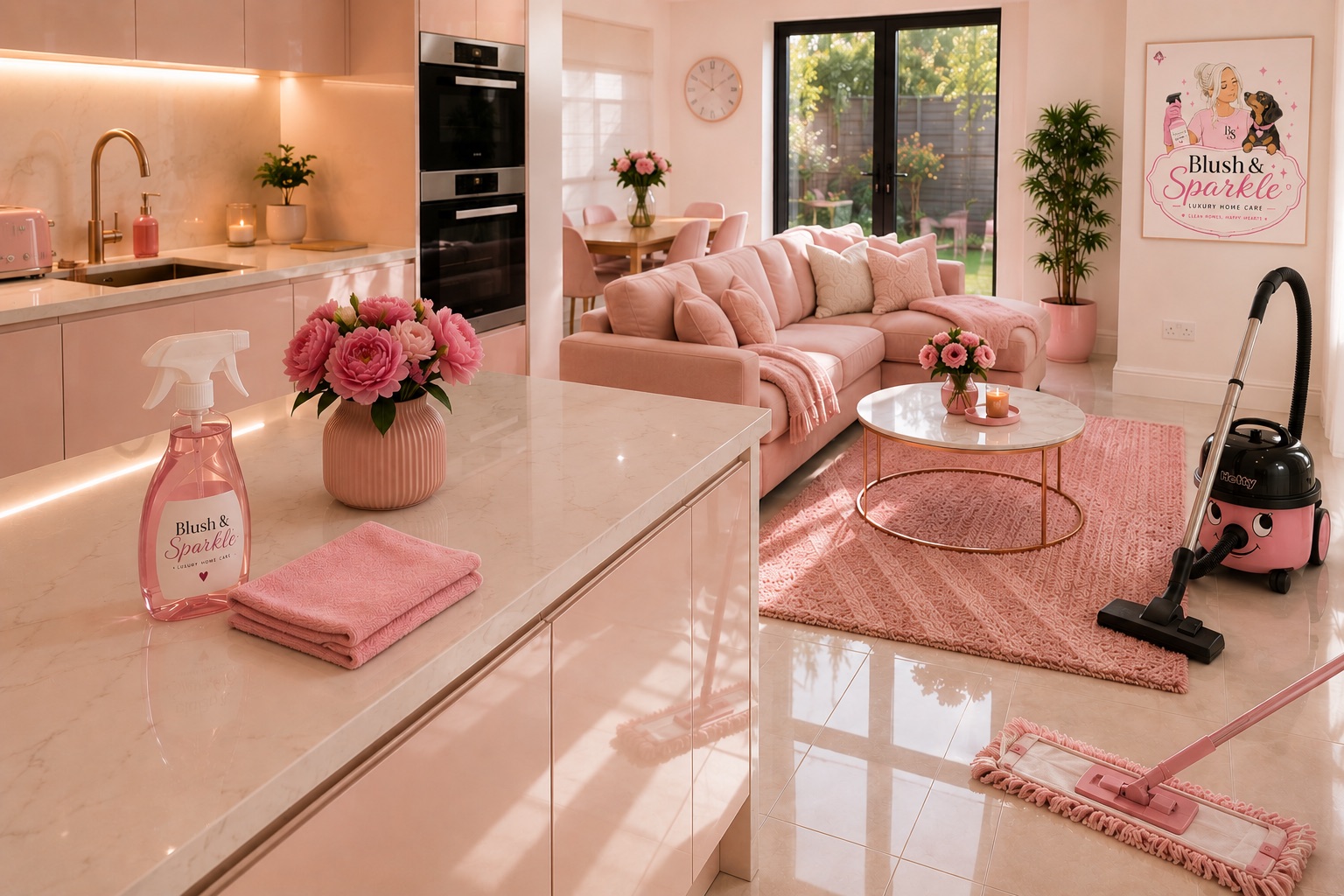 A kitchen worktop with cloths, spray and fresh peonies, the room clean behind it